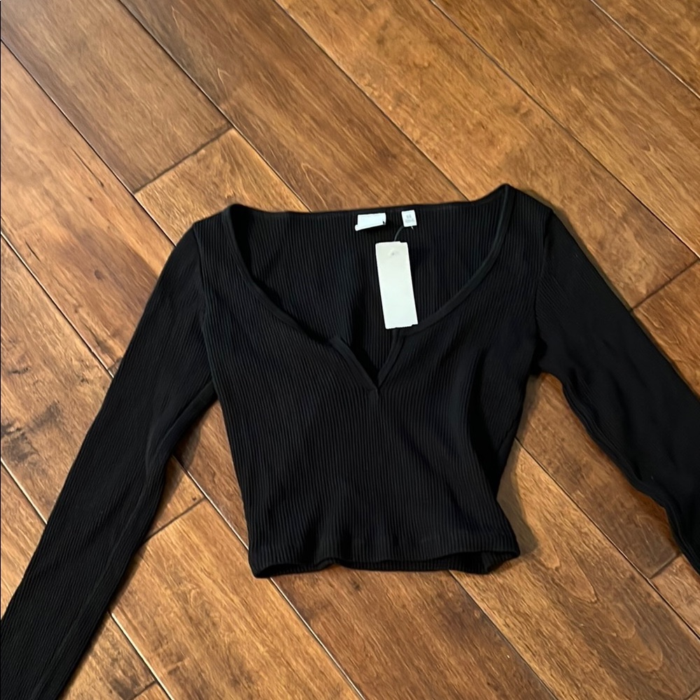 TNA Black Long Sleeve Fitted Crop Bodysuit